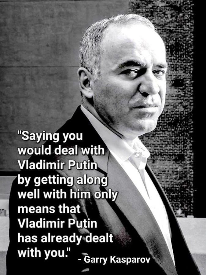 A quote from Garry Kasparov: ”Saying you would deal with Vladimir Putin by getting along well with him only means that Vladimir Putin has already dealt with you.”