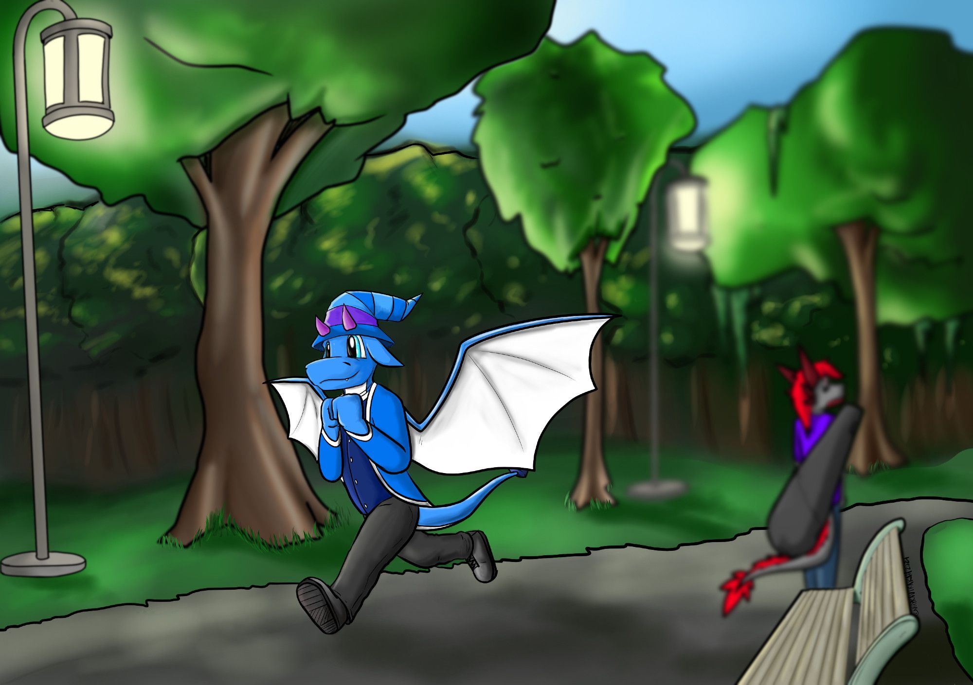 Blumdon running in the park with N'hyra looking at him from behind while carrying a guitar case.