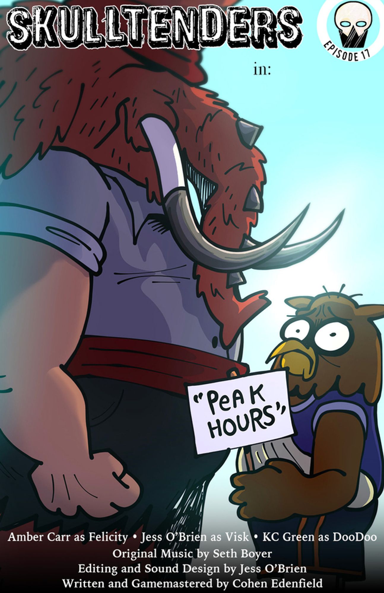 A burly mammoth man stares down our darling Doodoo, who is holding a sign reading "Peak Hours"