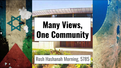 Many Views, One Community: a sermon for Rosh Hashanah morning. On the left, a mashup of Israeli and Palestinian flags. On the right, a satellite view of the piece of land that includes Israel and Gaza and the West Bank. In the middle, my synagogue in western MA.