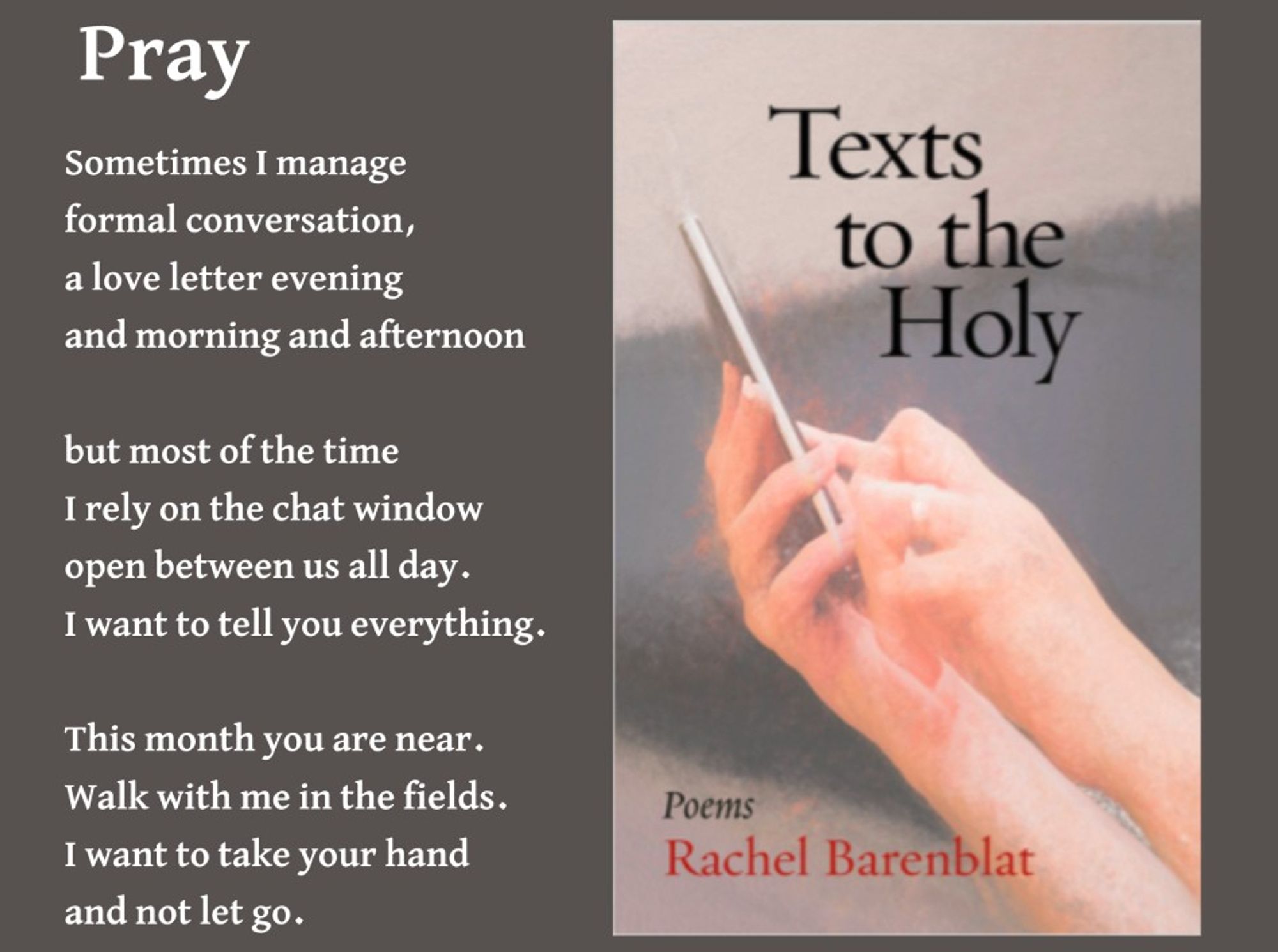 Pray


Sometimes I manage
formal conversation,
a love letter evening
and morning and afternoon

but most of the time
I rely on the chat window
open between us all day.
I want to tell you everything.

This month you are near.
Walk with me in the fields.
I want to take your hand
and not let go.

Rachel Barenblat

from Texts to the Holy, published by Ben Yehuda Press, available now