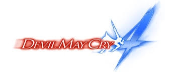 white text with red outline that reads, "Devil May Cry" in all caps, with a blueish white figure posing next to a large blue 4