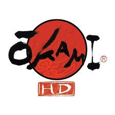 an image of the logo for Okami. the text looks hand painted, and the letters are somewhat stylized to look like a mountain in front of a red sun with swirl decals, and a red HD logo underneath.