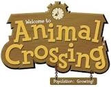 a low resolution image of the animal crossing logo for the first game. it is a wooden sign w a clock in the top center, and yellow text that reads, "Welcome to Animal Crossing" with a smaller sign underneath that says, "population: growing!"