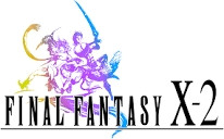 the logo for final fantasy x-2 (ten two). black text reads, "final fantasy x-2" in all caps, with a drawing of the game's protagonists, Yuna, Rikku and Paine, posing behind the text in a yellow purple and blue gradient.