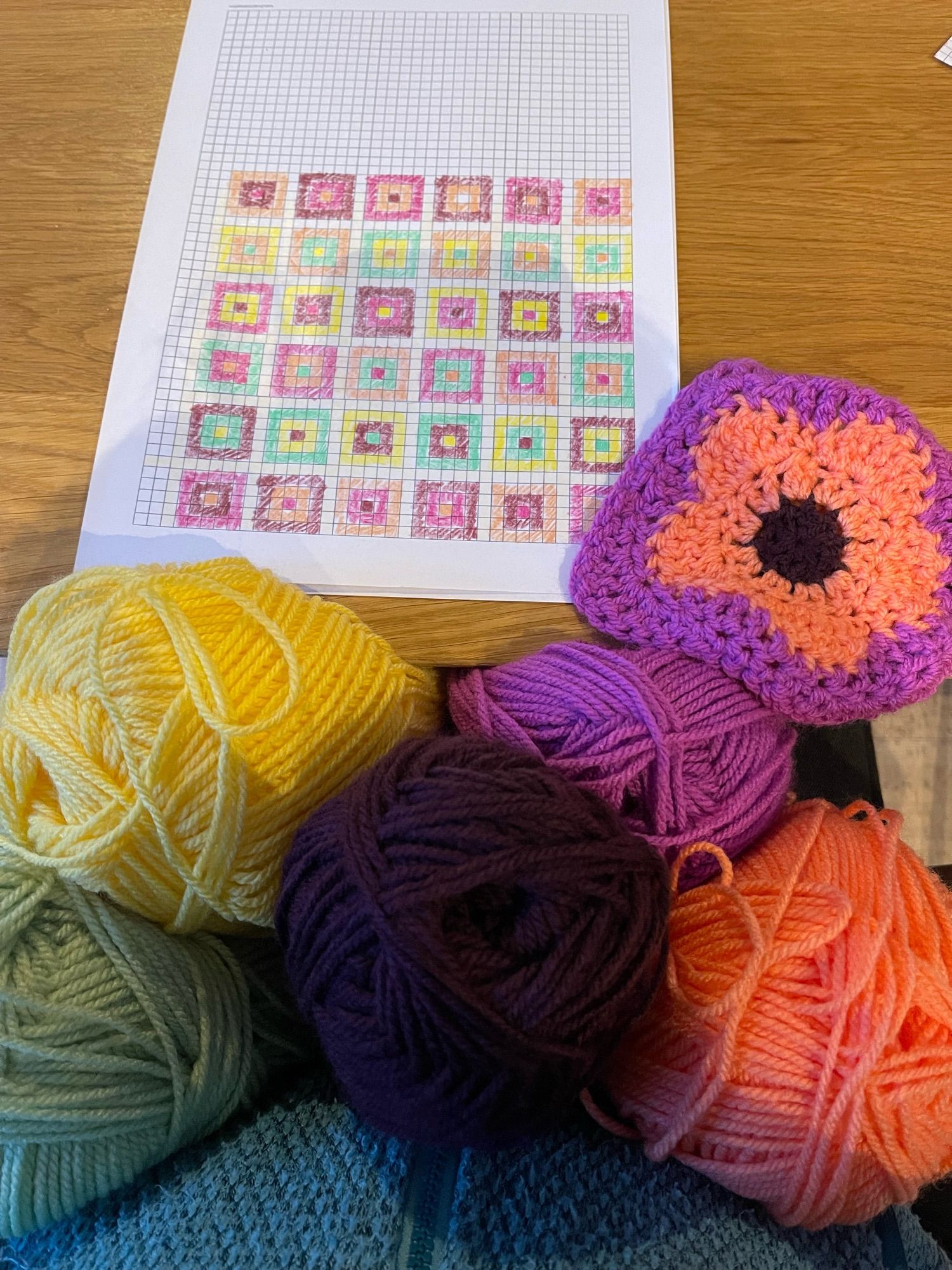 Foto van vijf bollen wol (lichtgeel, knalroze, zalmroze, mintgroen en diep donker paars), een gehaakte granny square met een bloem en ern ruitjespapier met allemaal verschillende gekleurde blokken