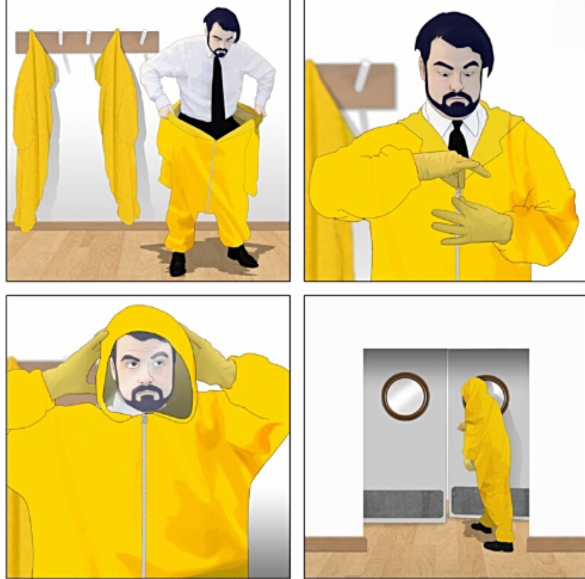 Meme: Man wears protective suit before opening the door