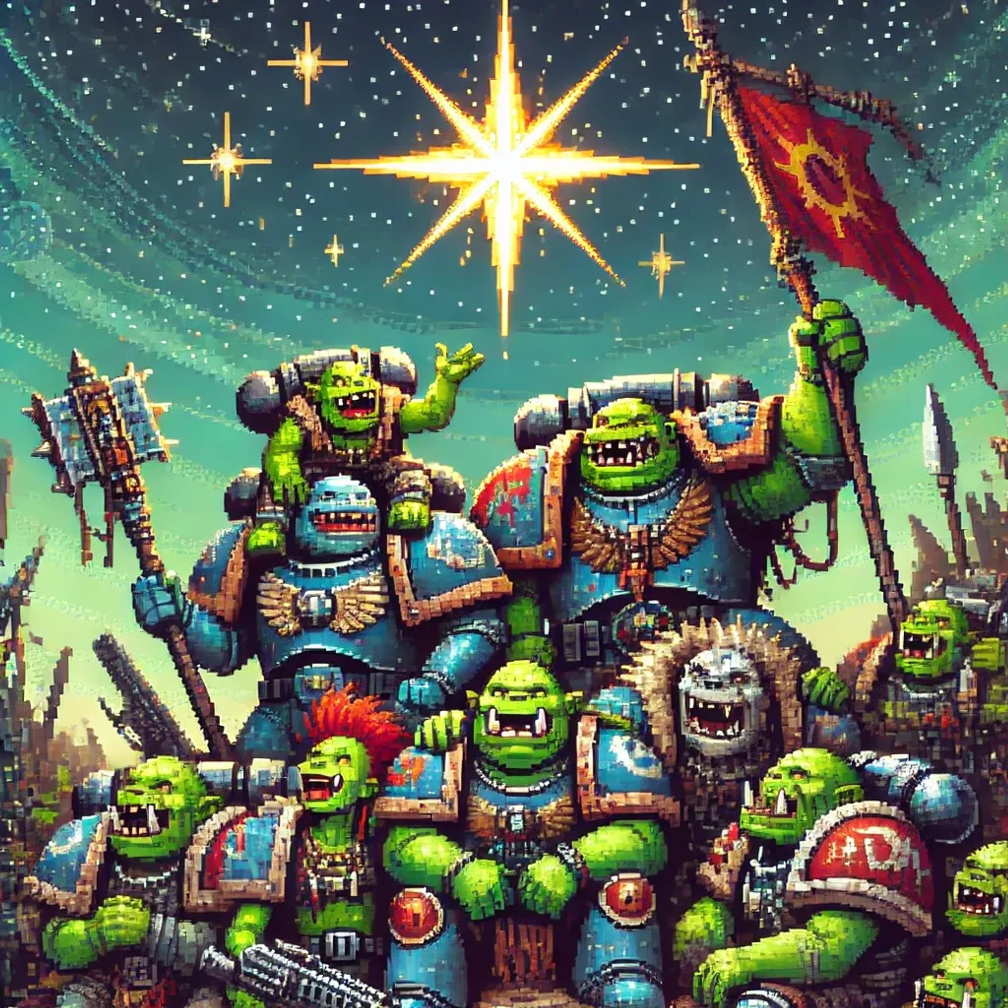 A pixel art scene showing a group of Orks from the Warhammer 40k universe celebrating Friendship Day