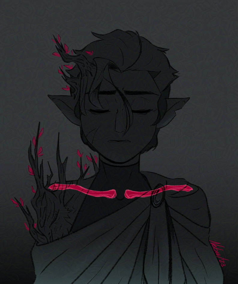 hunter from the owl house, but in an au where he grows palistrom wood branches. the art is in grayscale colors with neon accents on the leaves and an x-ray detail of his collar bones