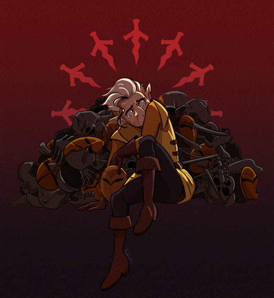 Hunter from The Owl House. He's sitting in front of a pile of skulls, some wearing the Golden Guard mask. there's a bunch of knives pointed at him, symbolizing that he'll be the next victim