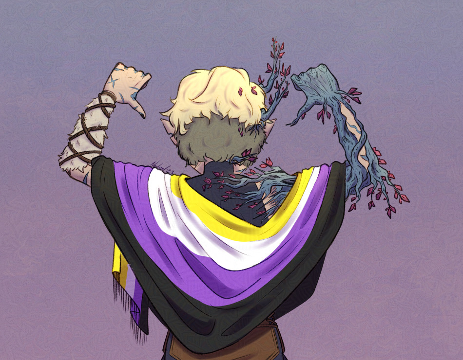 hunter from the owl house, but in an au where he grows palistrom wood branches. they're wearing a nonbinary pride flag as a shawl