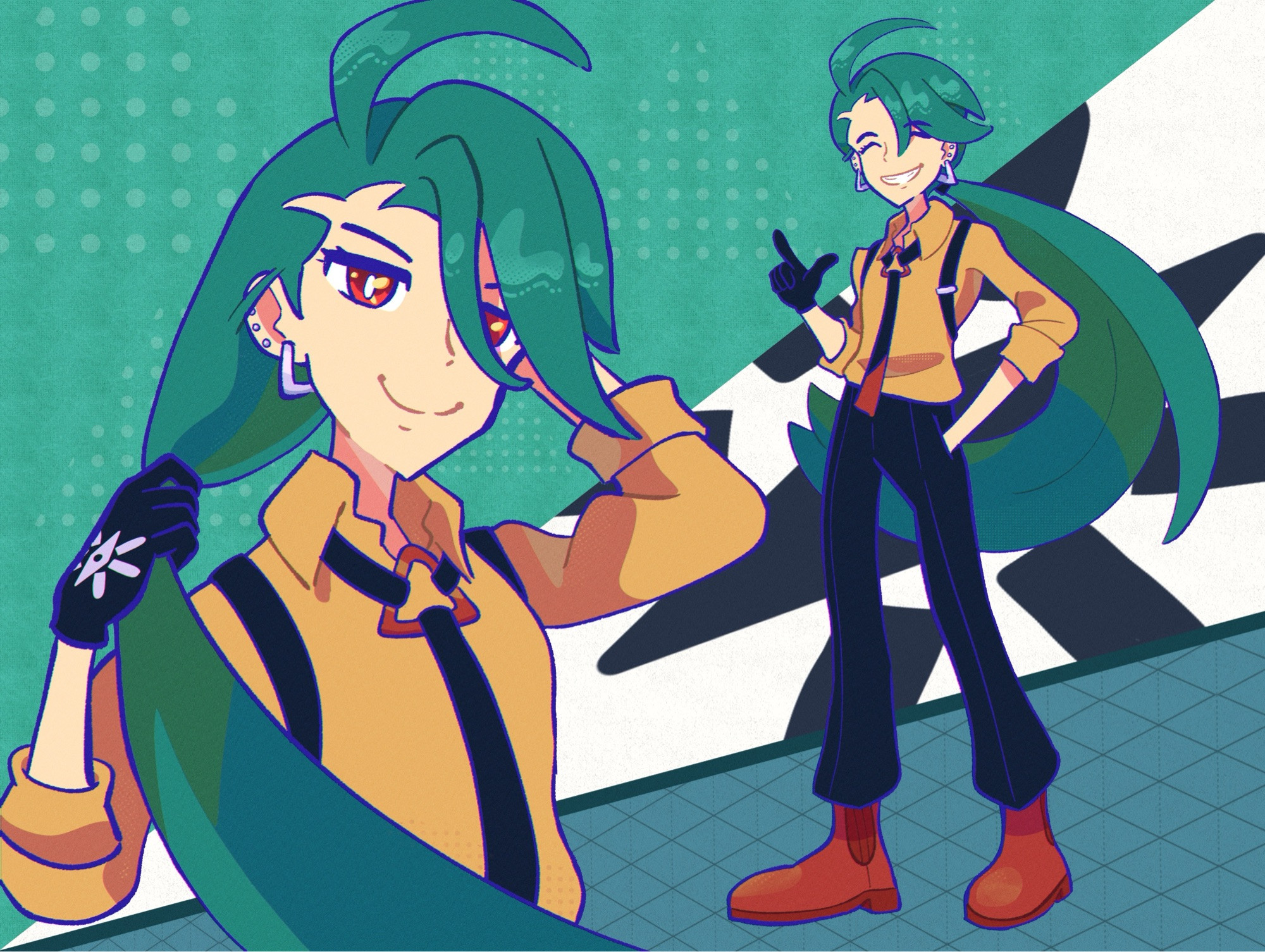 Art of Rika from pokemon Scarlet and Violet. In one part she’s putting up her hair and the other part she’s posing with her hand in her pocket smiling