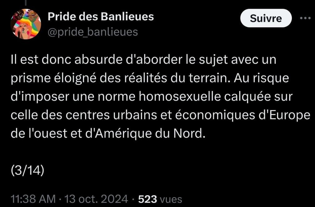 Tweet de Pride Des Banlieues :

- "Il est donc absurde d'aborder le sujet avec un prisme éloigné des réalités du terrain au risque d'imposer une norme homosexuelle calquée sur celle des centres urbains et économique d'Europe de l'ouest et d'Amérique du Nord"