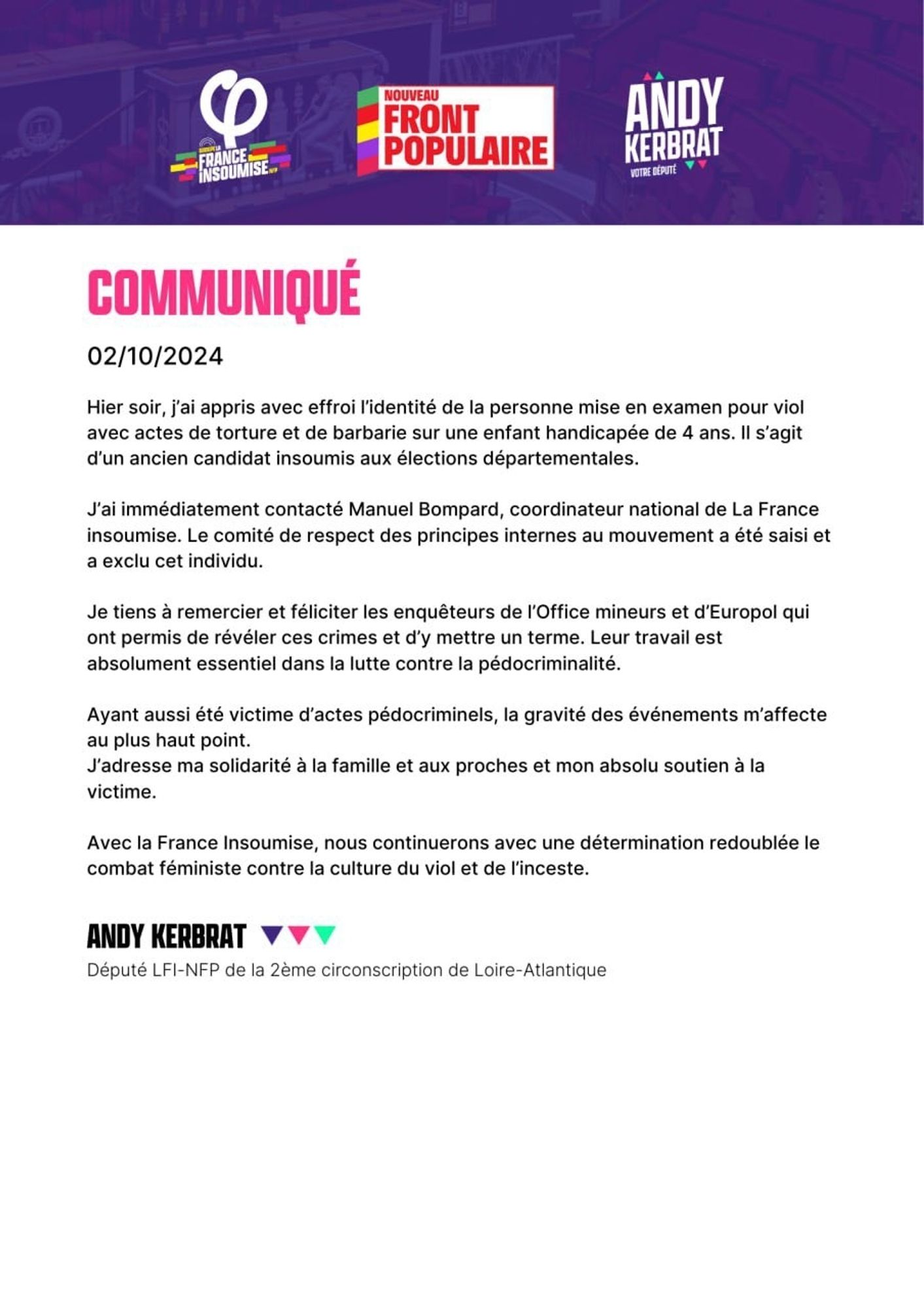 Communiqué d'Andy Kerbrat député #LFI annonçant l'exclusion de Pierre Alain Cottineau après avoir prévenu Manuel Bompard #coordinateur de la FI.