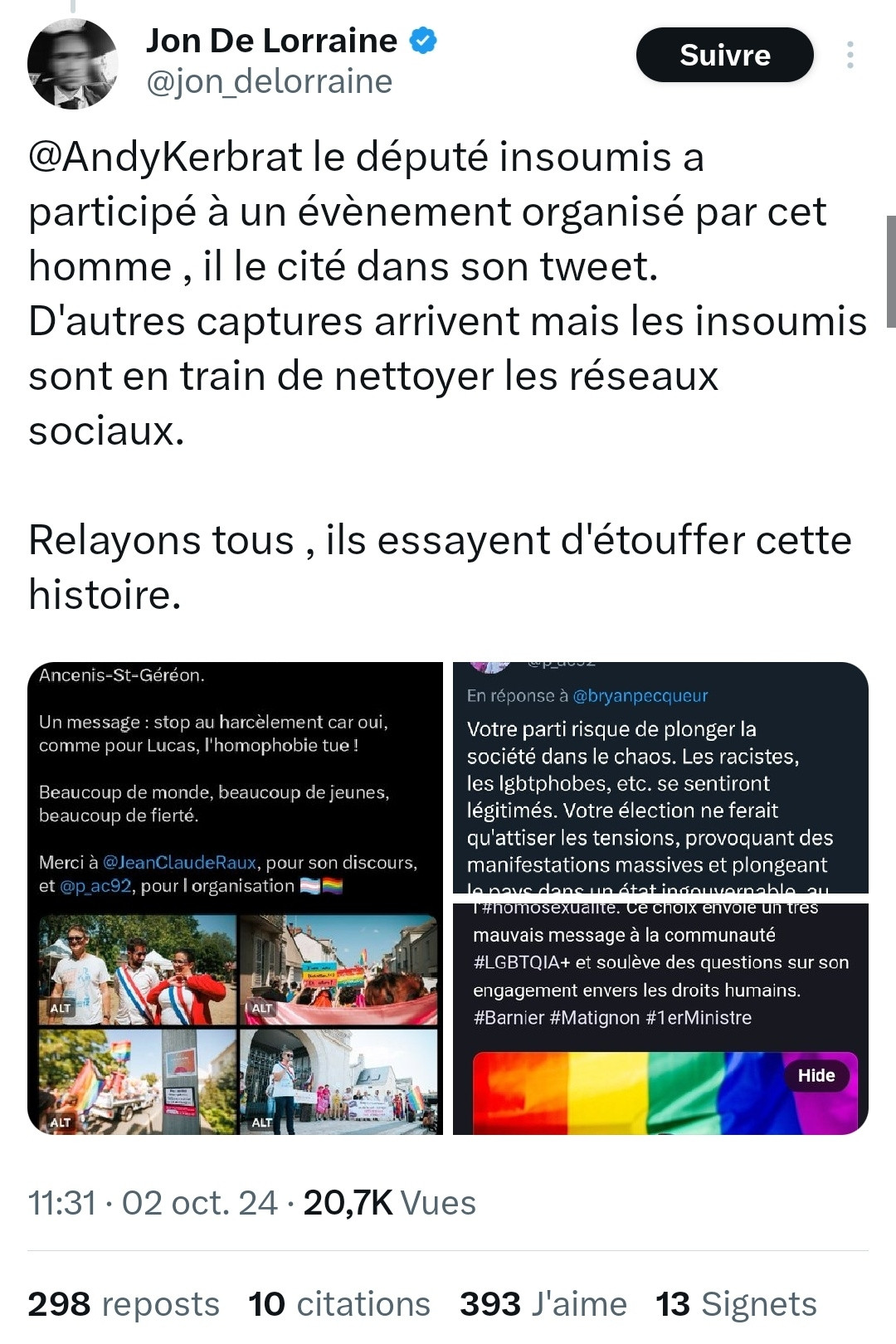 Tweet de #JonDeLorraine à propos du cas de pedocriminalité accusé de Pierre Alain Cottineau :

"@AndyKerbrat le député insoumis a participé à un évènement organisé par cet homme , il le cité dans son tweet.
D'autres captures arrivent mais les insoumis sont en train de nettoyer les réseaux sociaux.

Relayons tous , ils essayent d'étouffer cette histoire."