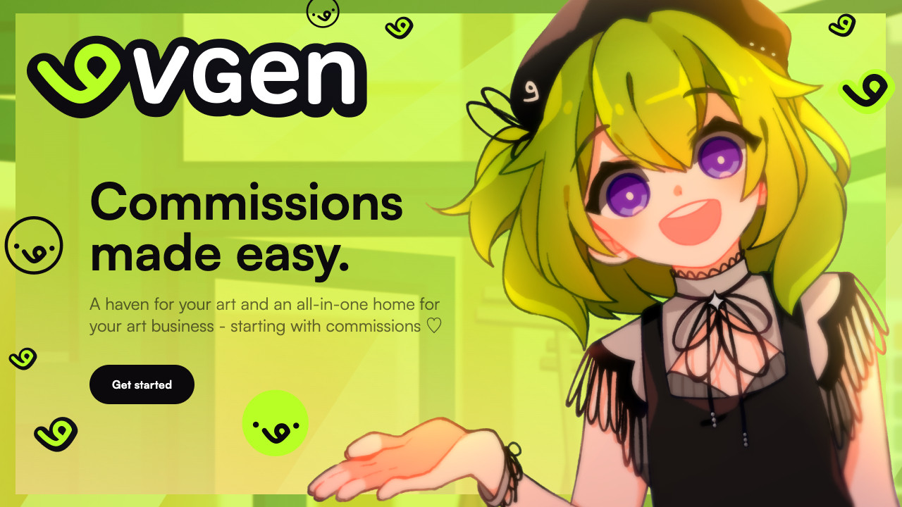 VGen. Commissions made easy. A haven for your art and an all-in-one home for your art business - starting with commissions.

on a green background with the vgen mascot girl.