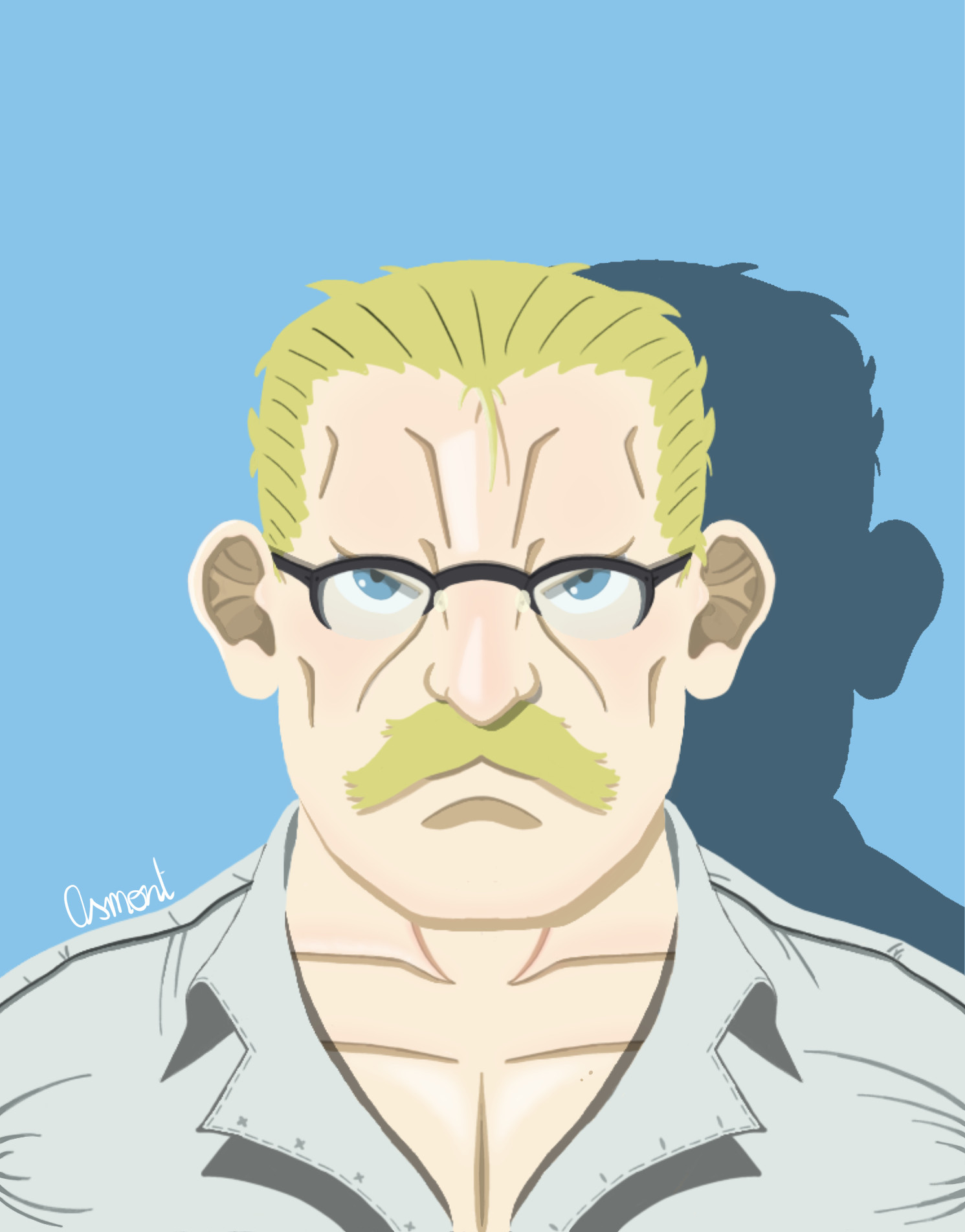Portrait of Heinkel from Fullmetal Alchemist: Brotherhood. He has a serious expression and is wearing a light blue shirt, which appears to be struggling to contain his chest. The shirt is unbuttoned, leaving a good portion of his pecs open for greater comfort (and the viewer's pleasure).