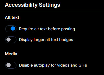 Bluesky Accessibility Settings menu with "Require alt text before posting" settin activated