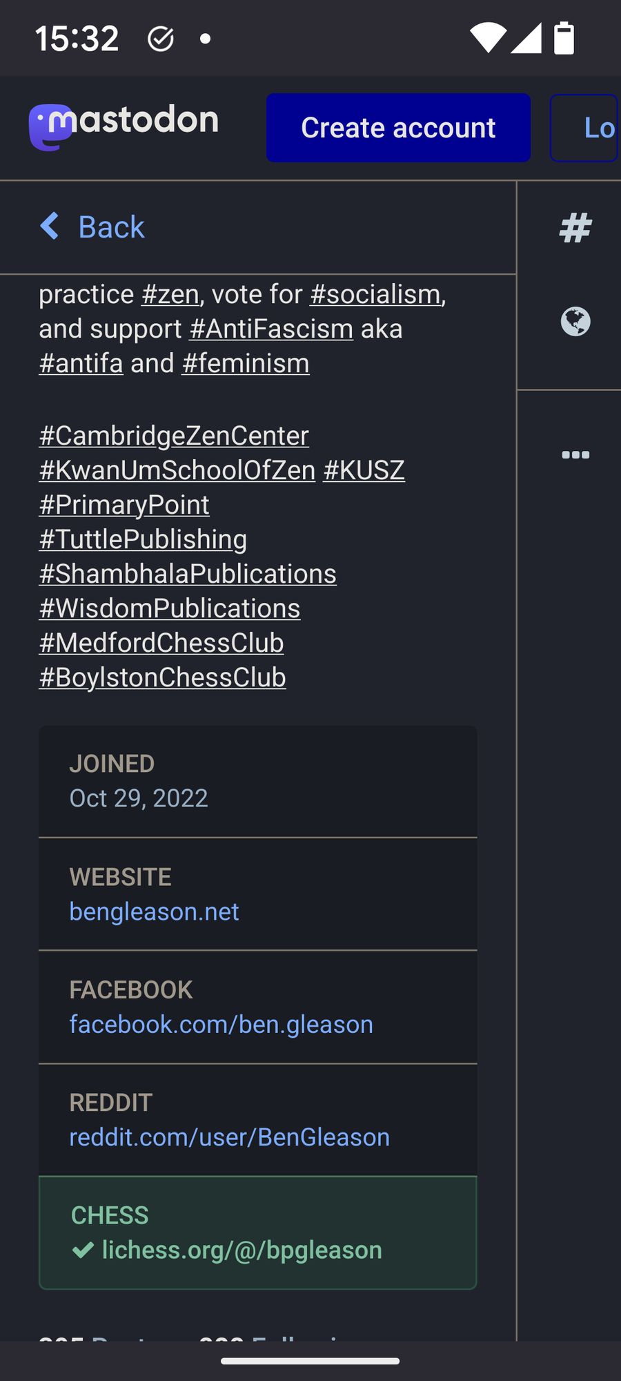 Screenshot of my Mastodon.online profile as viewed from Mastodon.world, showing the incorrect verified URL, that is, my Lichess profile.