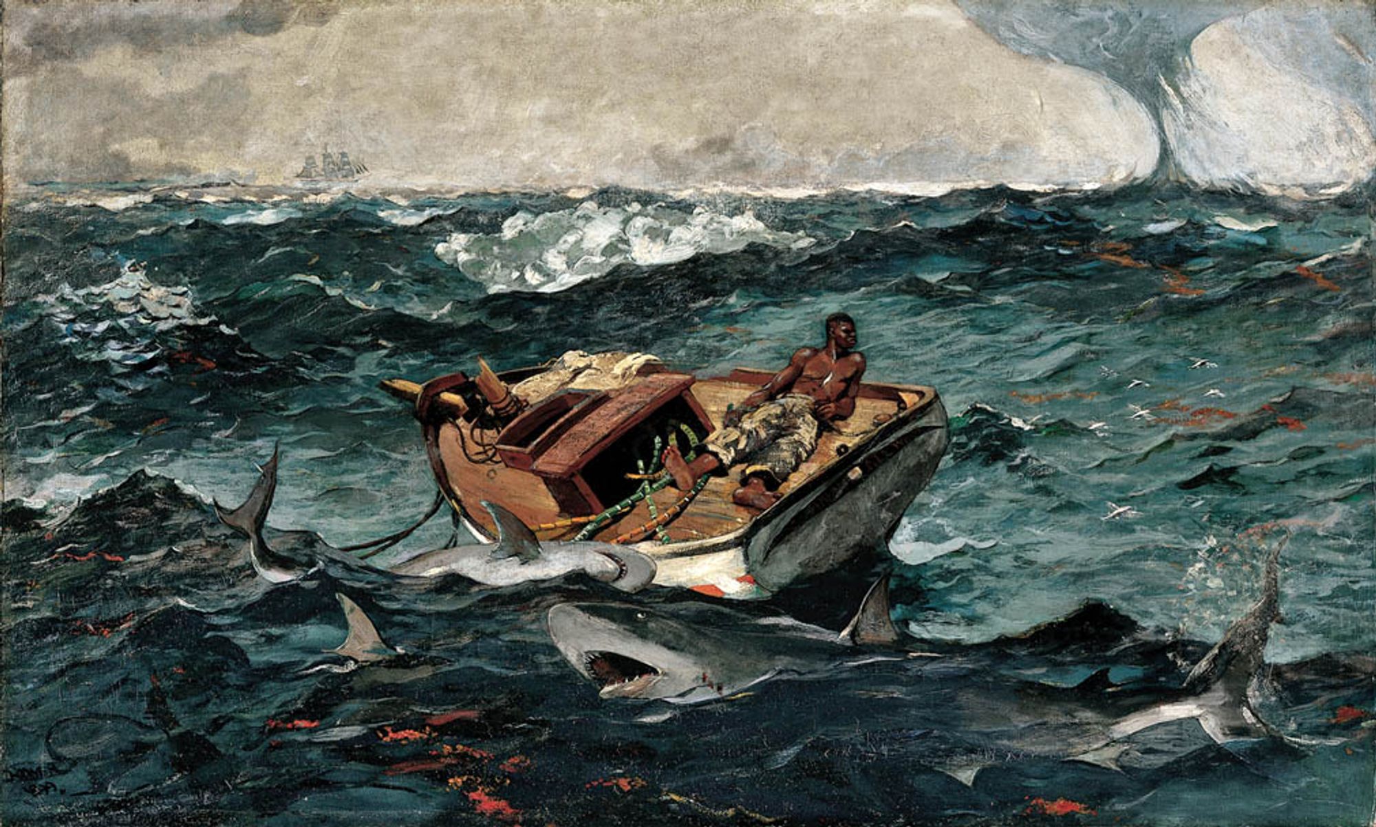 Winslow Homer's 'The Gulf Stream': A solitary Black man sits onboard a rudderless fishing boat. The tumultuous sea surrounding him is infested with sharks, which appear in the foreground of the painting with open jaws. In the distance, a tornado descends from the sky and the billowing sails of a ship can be detected on the horizon.