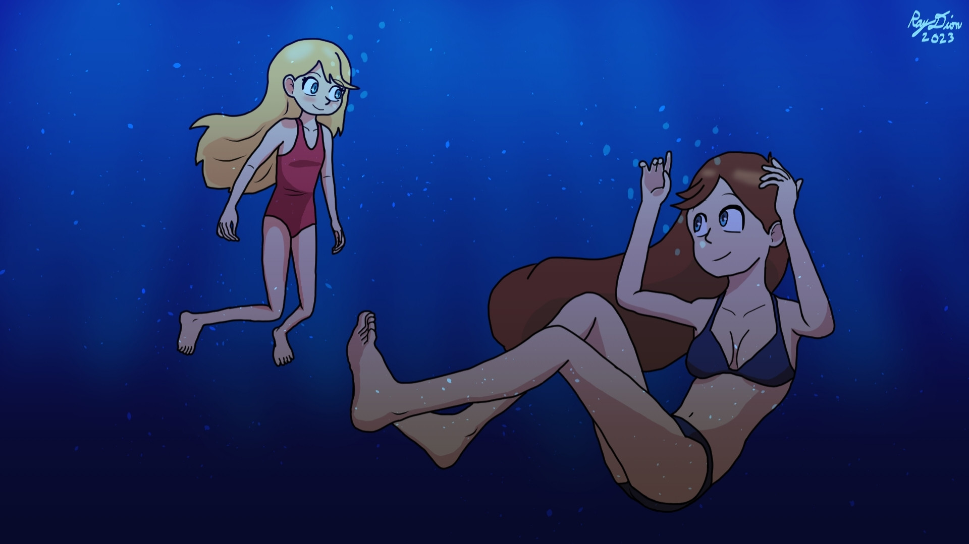 Alternate version of first pic. Cutie, the small girl with blonde hair, and her mother, the woman with brunette hair, are swimming underwater in their swimsuits.

Cutie is wearing a pink one-piece swimsuit while the mother is wearing a dark blue bikini