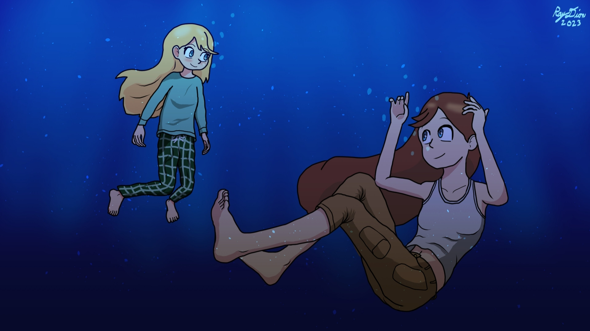 Cutie, the small girl with blonde hair, and her mother, the woman with brunette hair, are swimming underwater with their clothes on.

Cutie is wearing her pajamas which consists of a light blue, long-sleeved shirt and green plaid pajama pants. Her mother is wearing a white tank top and light brown capri shorts with cargo pockets