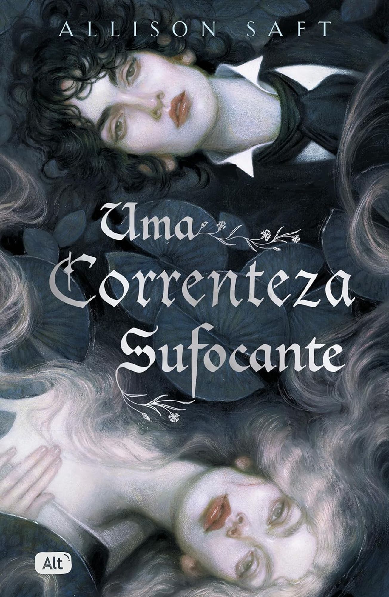 Capa do livro "Uma correnteza sufocante", de Allison Saft. Ilustração de duas mulheres brancas, uma de cabelos curtos pretos, outra de cabelos longos e claros, deitadas sobre um tapete natural de plantas. O título aparece no centro, enquanto o nome da autora fica na parte superior.