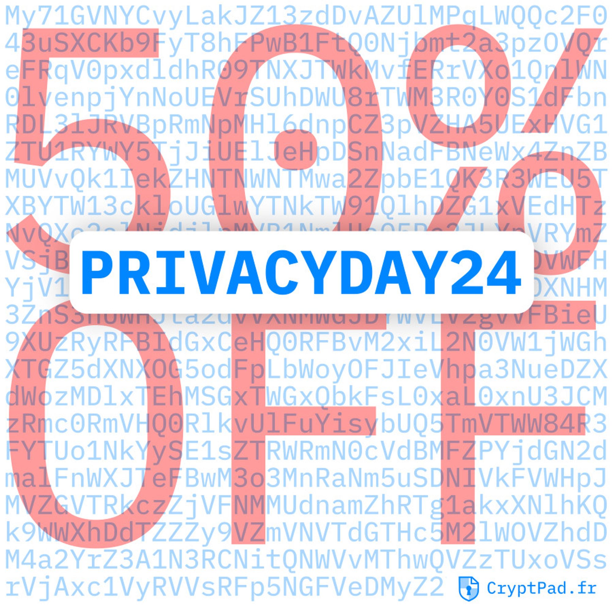 50% OFF with code PRIVACYDAY24 in big letters. The background is actual encrypted data from a CryptPad instance