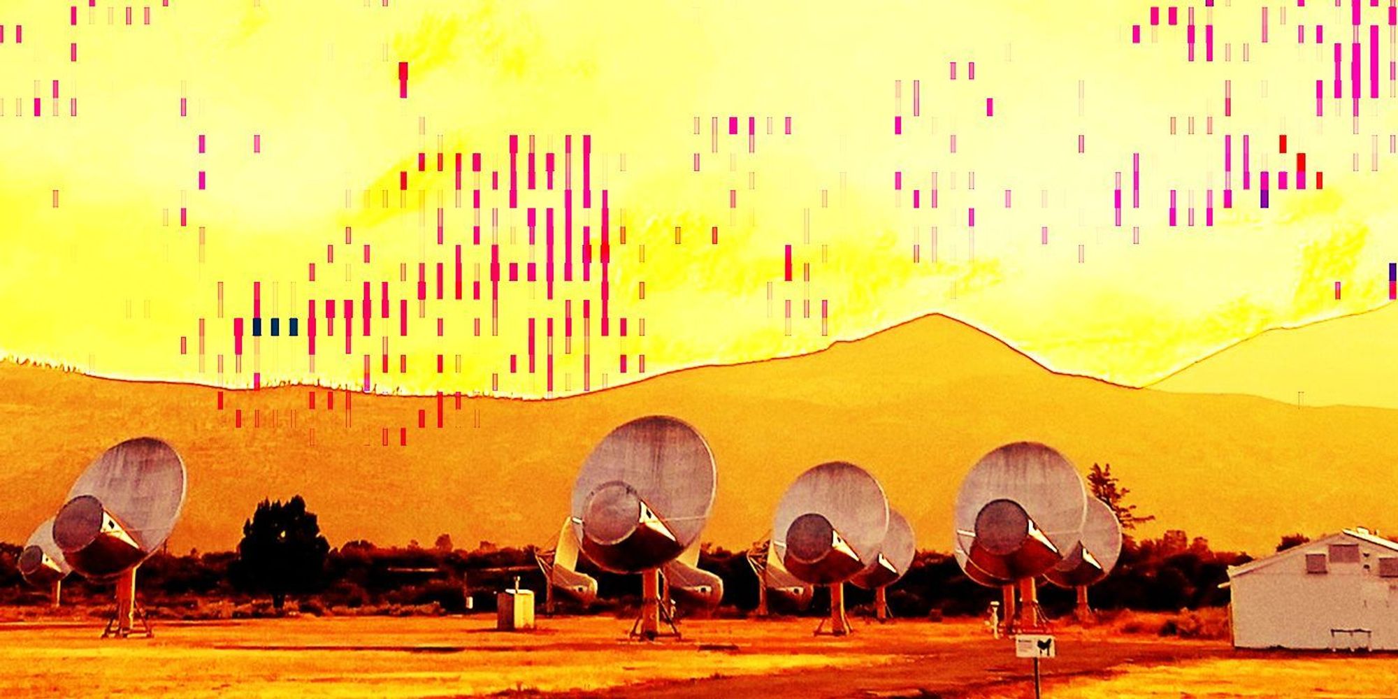 Photo of the Allen Telescope Array in Hat Creek, California, tinted in shades of yellow and orange. Overlaying the images is a Matrix-like drop of boxes and data points.