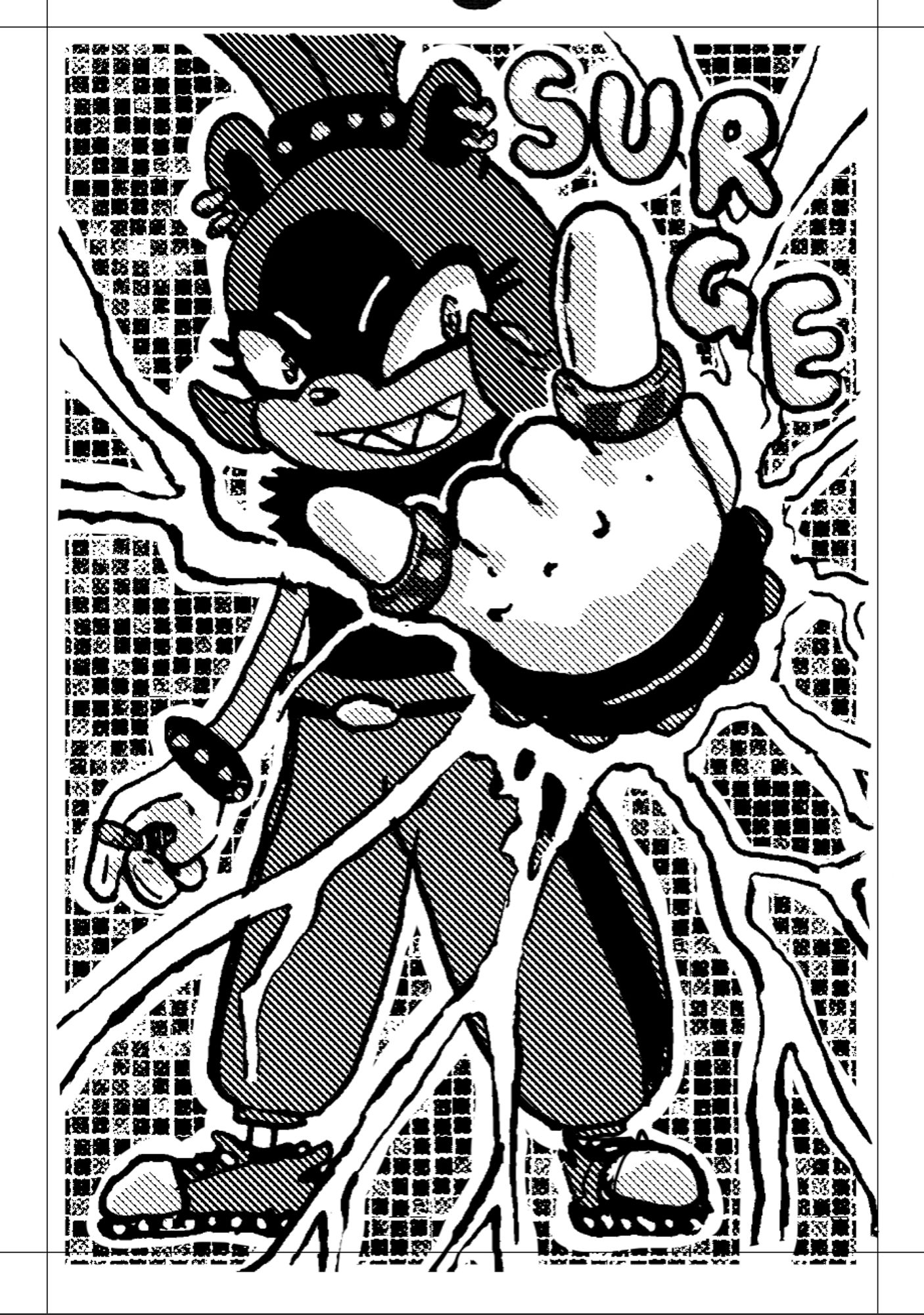 Black and white illustration of Surge the Tenrec from the IDW Sonic comics giving the horns hand sign. She is very cool.