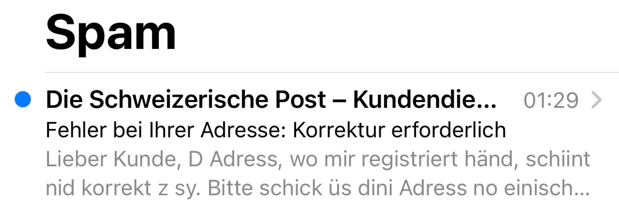 Screenshot einer Spammail in Mundart.