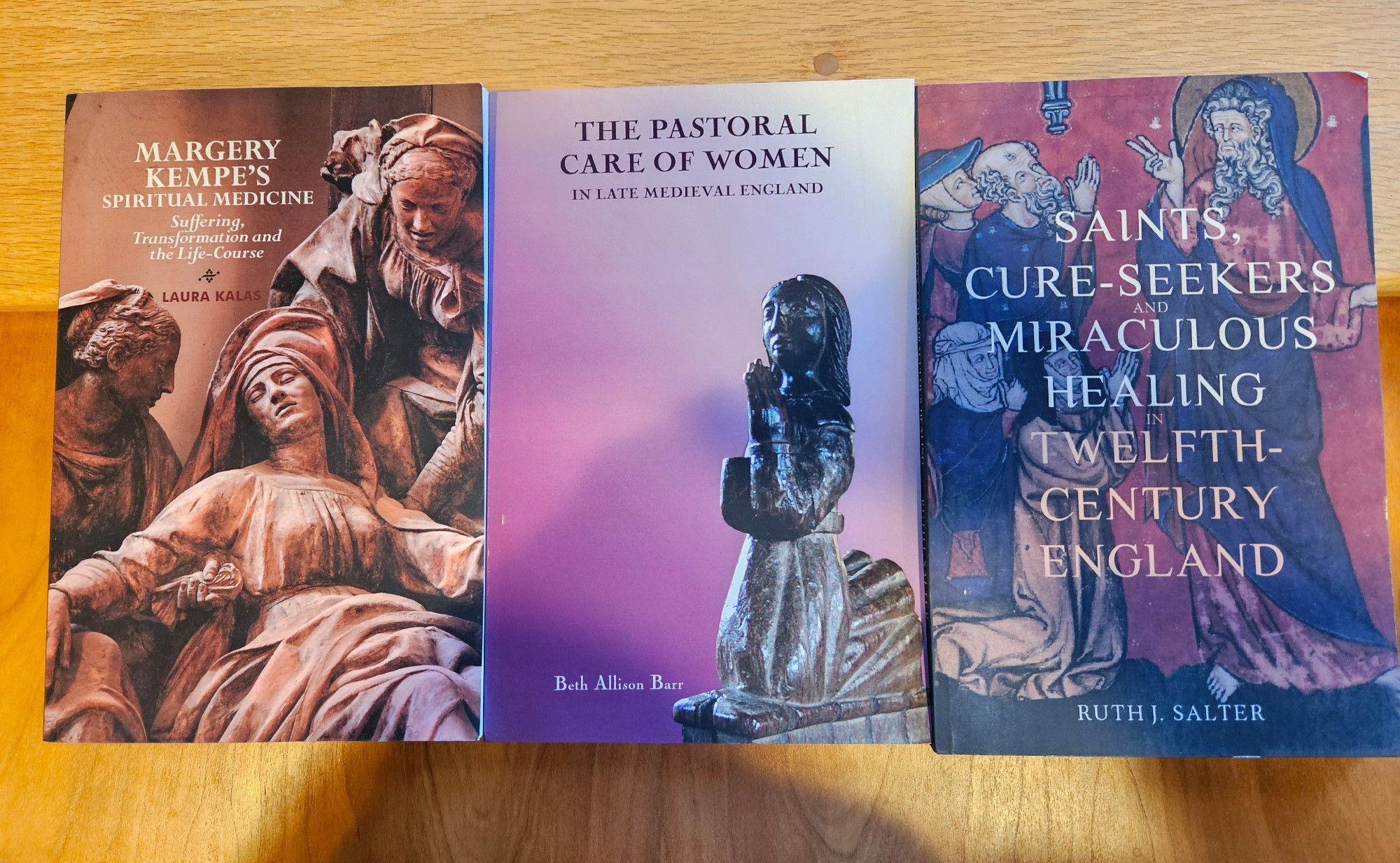 Today's bookpost--treasures from the Boydell & Brewer paperback sale! Photo of three books: The Pastoral Care of Women in Late Medieval England @bethallisonbarr.bsky.social , Saints, Cure-Seekers and Miraculous Healing in Twelth-Century England by Ruth J Salter, & Margery Kenpe's Spiritual Medicine by Laura Kalas.