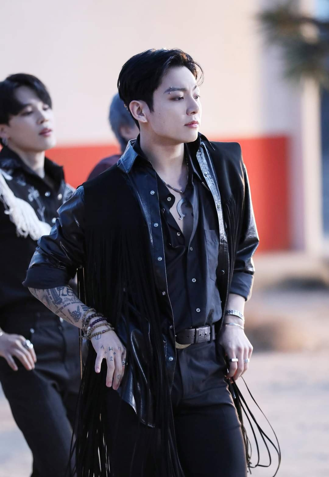 Jungkook dancing the PTD choreography for the music video record. He's wearing a gothic cowboy outfit and looking very sexy.