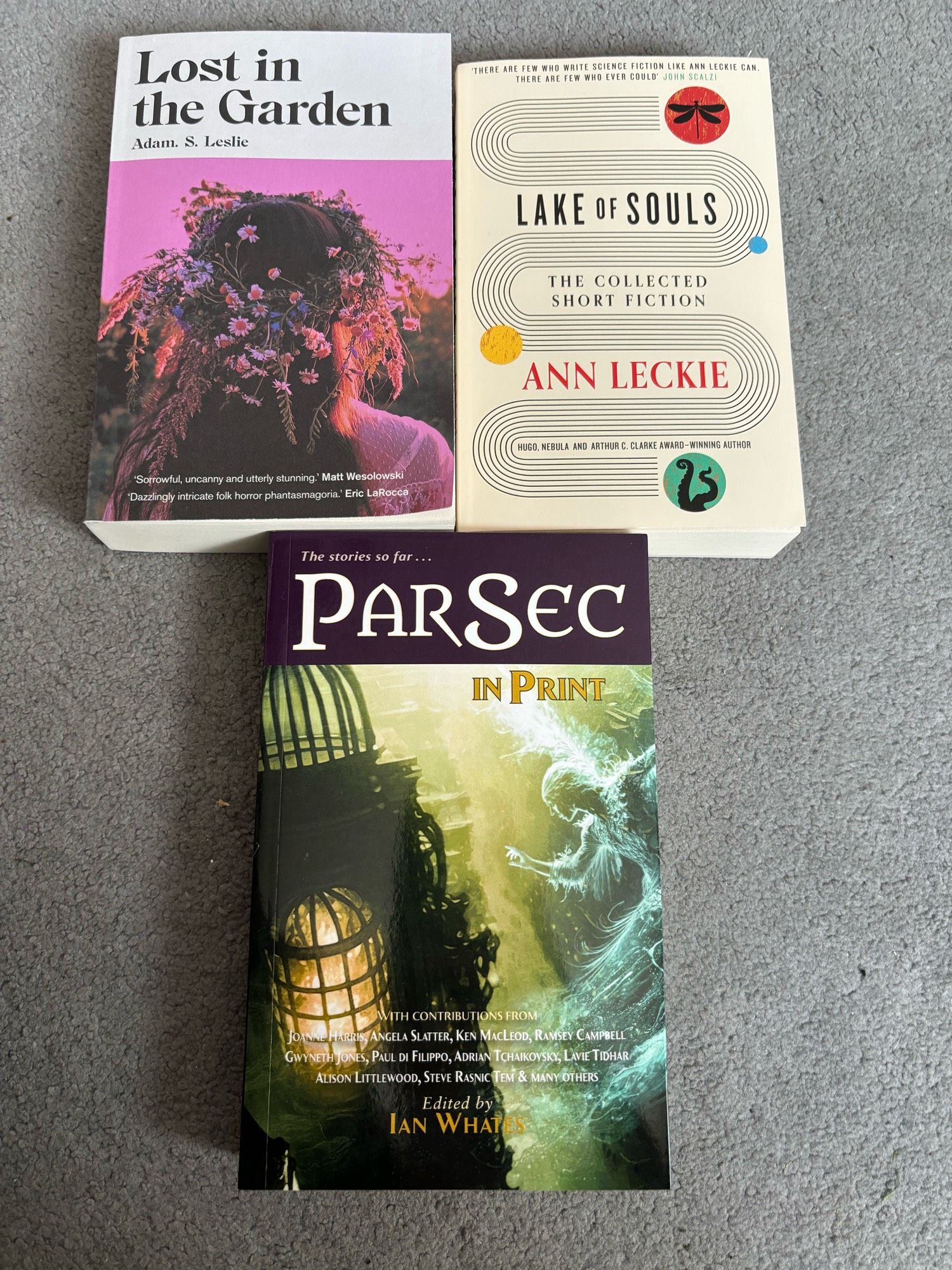 Lost In The Garden by Adam S Leslie; Lake of Souls by Ann Leckie and Parsec in Print edited by Ian Whates