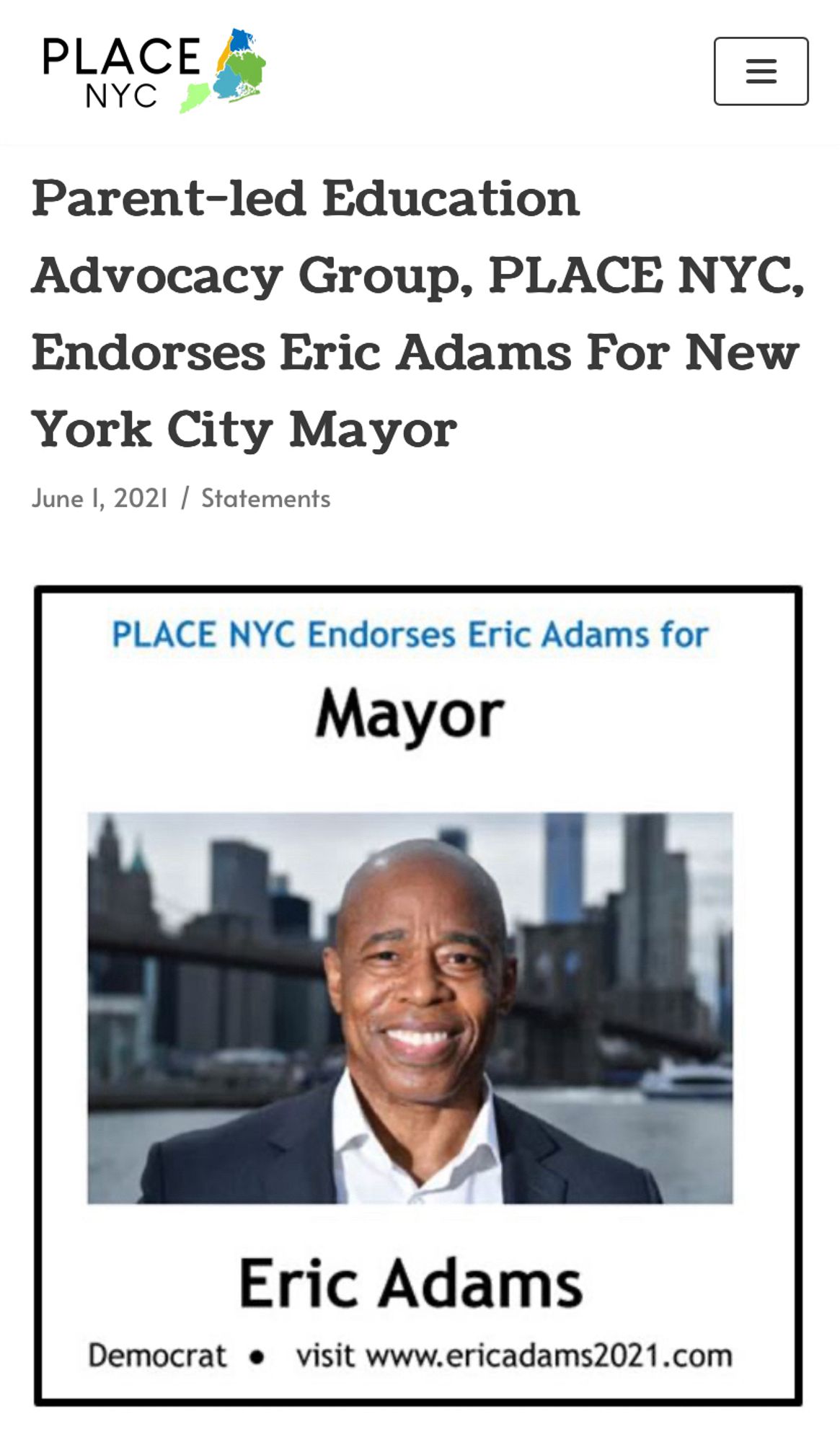 The “parents’ rights” 😉group PLACE NYC’s endorsement of Eric Adams