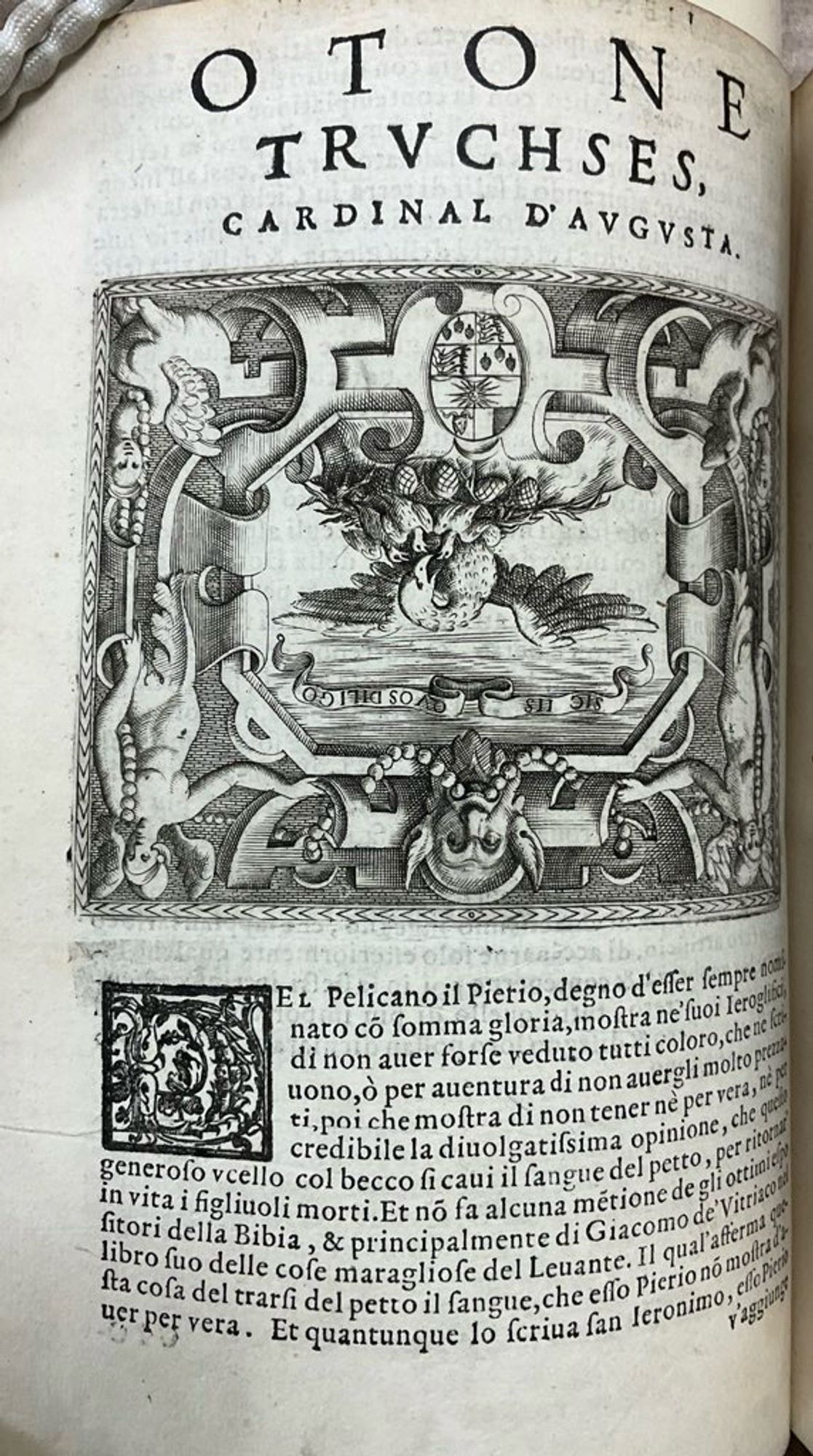 Page from an emblem book by Ruscelli with an engraved image of an eagle printed upside down.