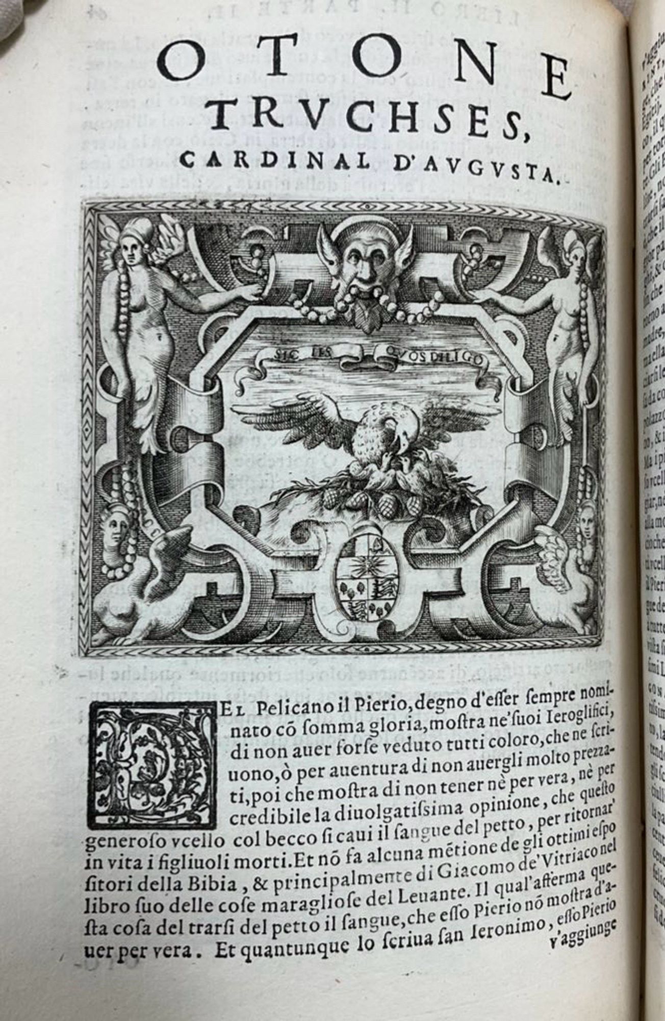 Page from an emblem book by Ruscelli with an engraved image of an eagle printed the right way up.