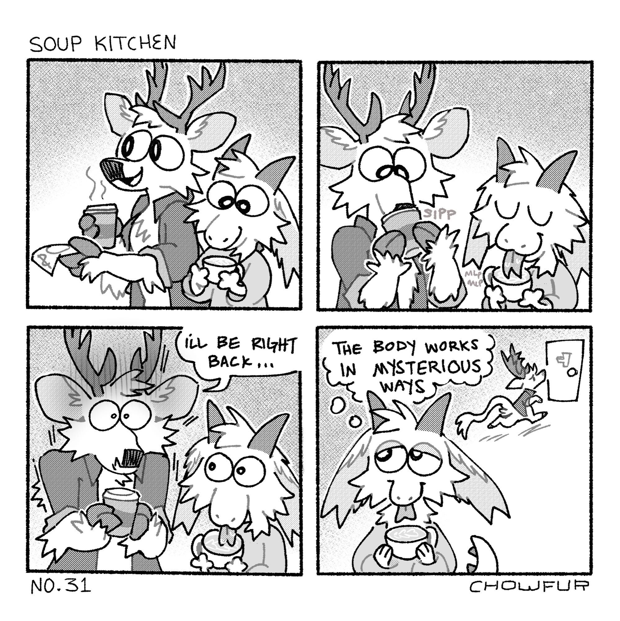 panel 1: marble the deer hands over cash to the barista. panel 2: marble and fisher the dragon drink their coffee. panel 3: marble shivers saying, i’ll be right back. panel 4: marble runs to the restroom while fisher thinks to themselves, the body works in mysterious ways…