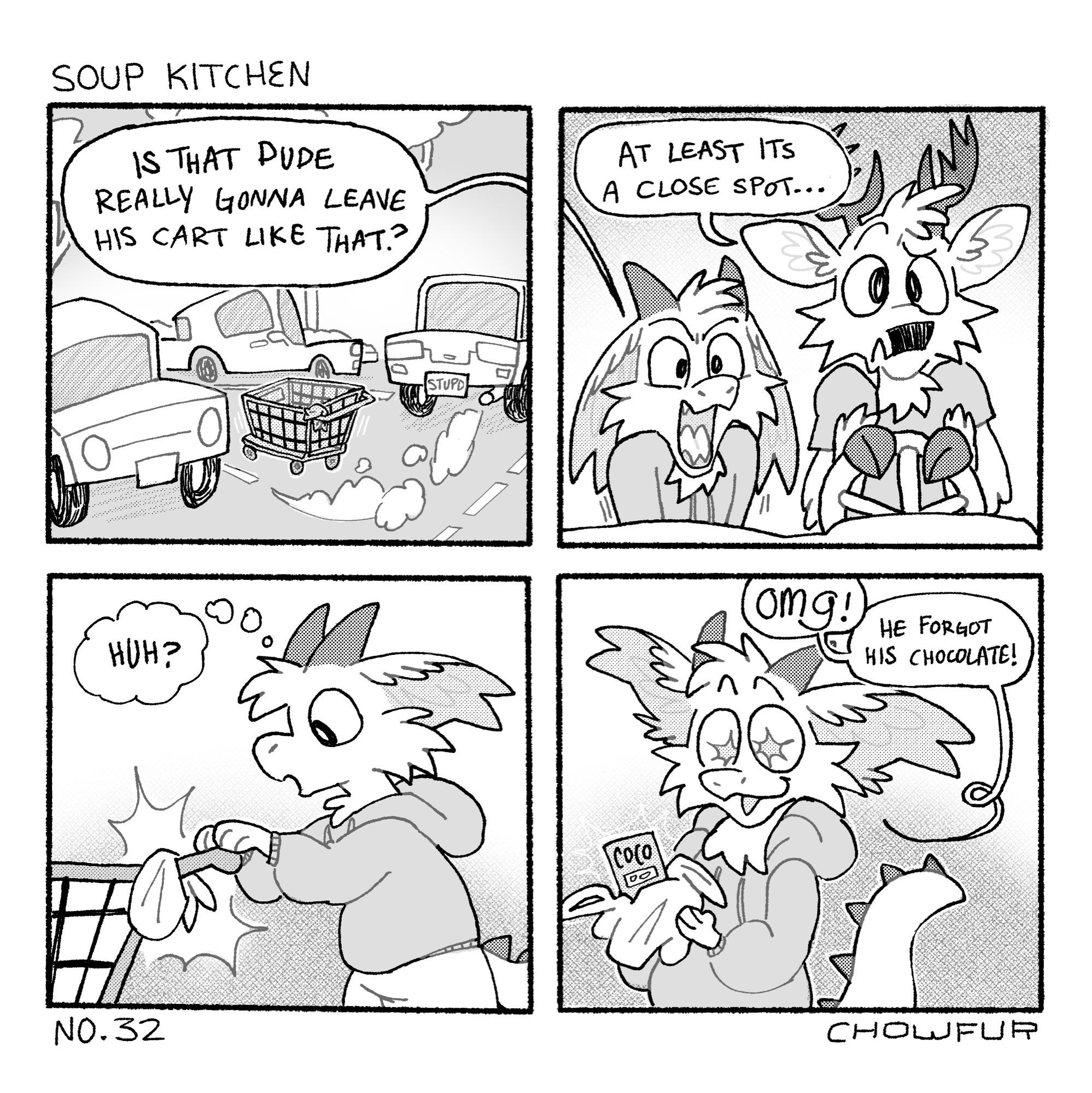 panel 1: a car exits a parking spot, he left his shopping cart in the middle of the road. panel 2: fisher the dragon is appalled saying, is that did really gonna leave his cart like that?! marble the deer says, at least it’s a close spot… panel 3: fisher goes to put the cart away, but notices something stuck on the handle. panel 4: fisher unwraps the bag, it’s a chocolate bar the guy forgot!