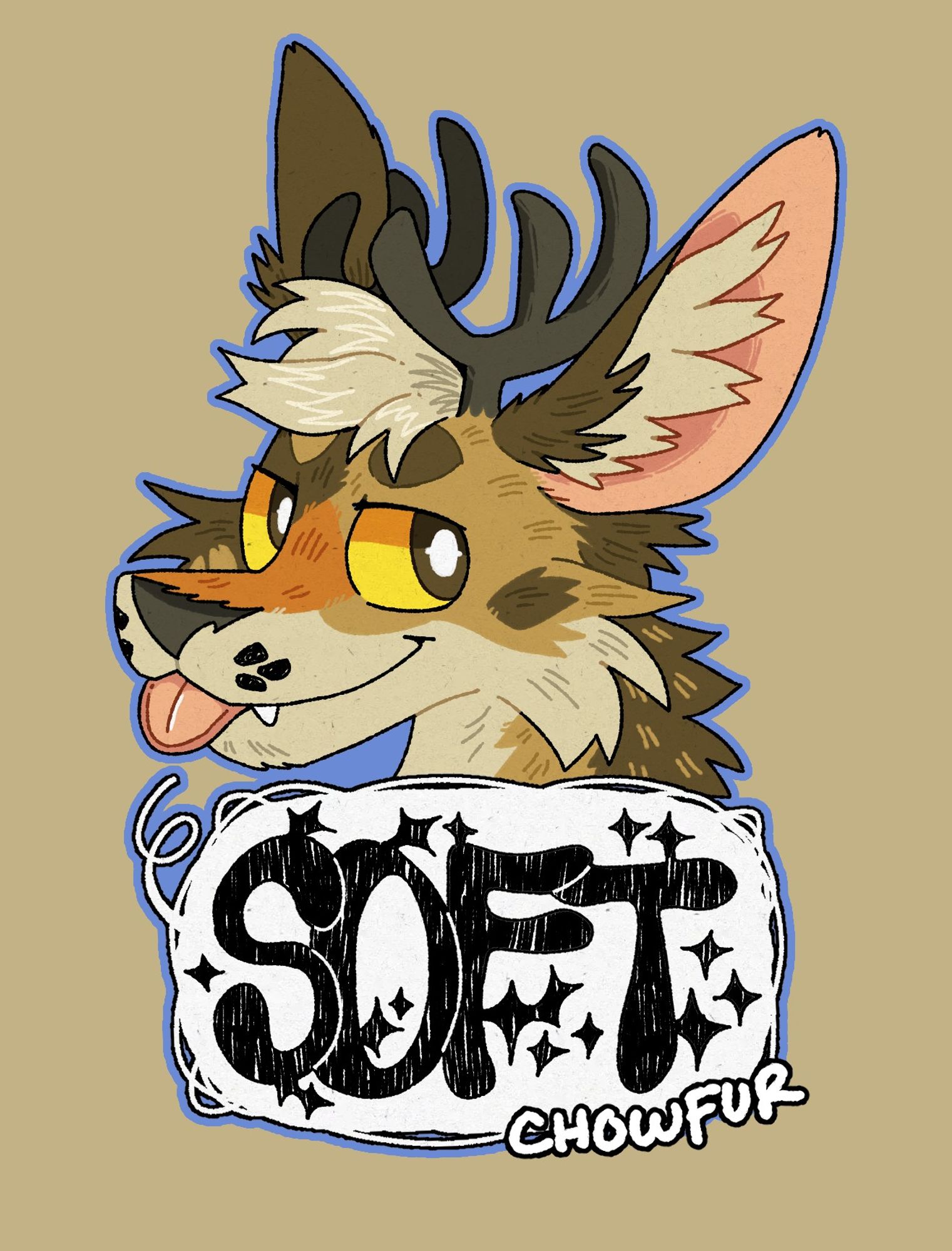 Headshot of Soft the coyote/jackalope, smiling with his tongue out. Below him is his name, Soft.