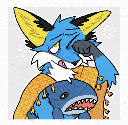 Character owned by IkeFox. Sleepy blue fox with a yellow bankie, holding a stuffed shark.