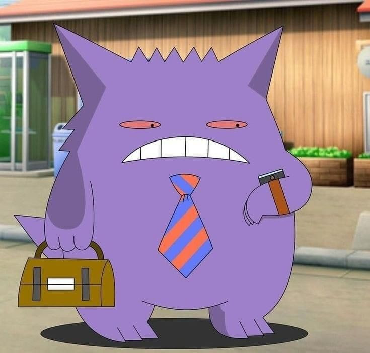 Gengar wearing tie and looking at his watch 