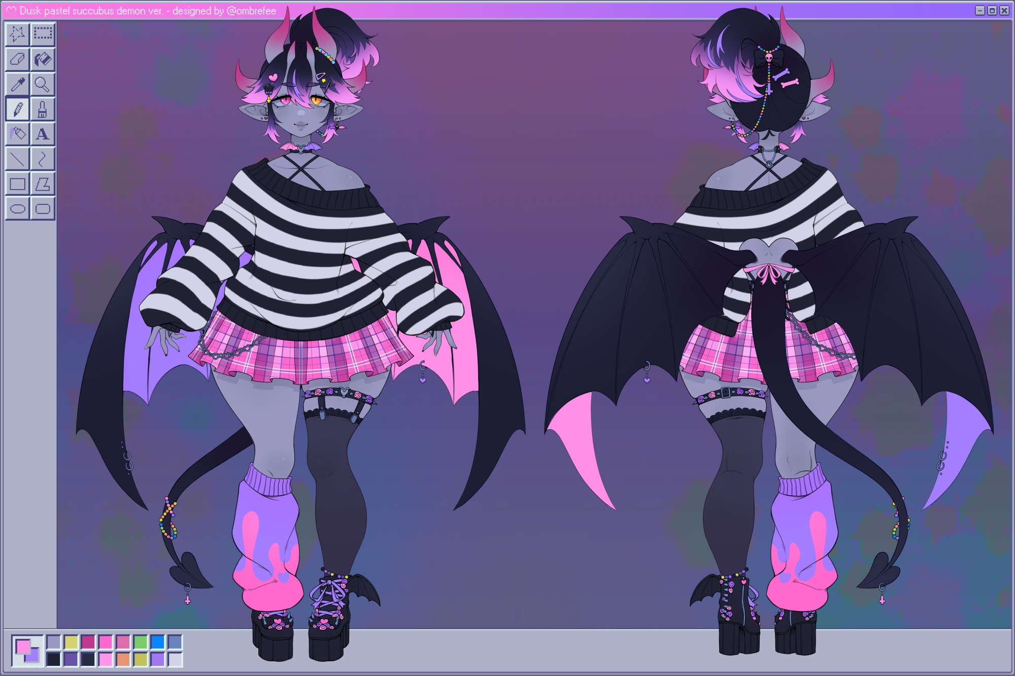 design sheet art of a cute grey skinned demon with bat wings and a tail, they have black and pink hair with charms in it, and a ponytail. they also have 3 pairs of horns and long ears, and yellow/pink heterochromic eyes! the inner side of their wings is pastel purple and pastel pink, and they have lots of bracelets and cute charms all over them. they are wearing an oversized black and white striped sweater with a heart cutout on the back, a pink skirt, one purple and pink leg warmer with drippy patterns, and platform boots with bat wings and flowers on them!