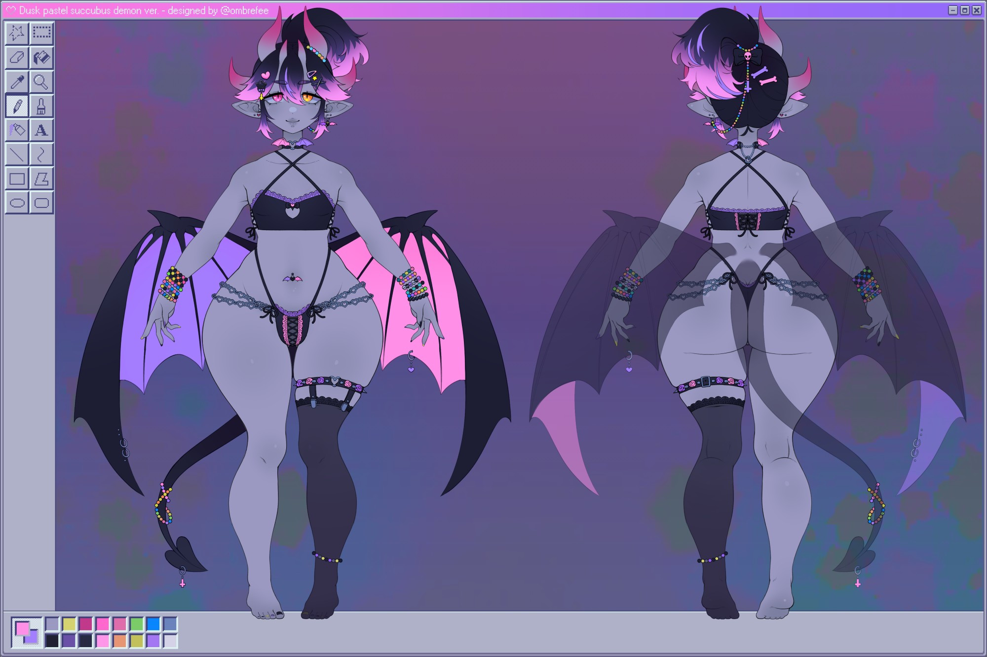 design sheet art of a cute grey skinned demon with bat wings and a tail, they have black and pink hair with charms in it, and a ponytail. they also have 3 pairs of horns and long ears, and yellow/pink heterochromic eyes! the inner side of their wings is pastel purple and pastel pink, and they have lots of bracelets and cute charms all over them. they are wearing black pink and purple lingerie, and one knee high sock kept up in place by a heart ring garter!