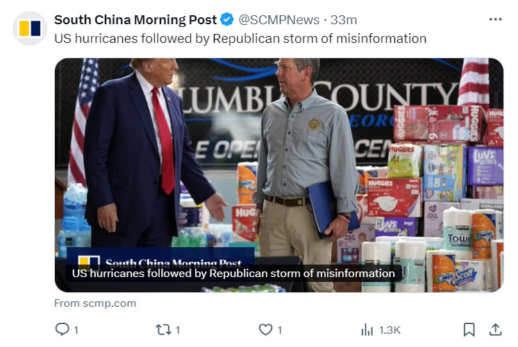 A news headline from X (ex-Twitter) by South China Morning Post featuring a picture of Donald Trump with a pile of baby diapers and paper towels in the background.