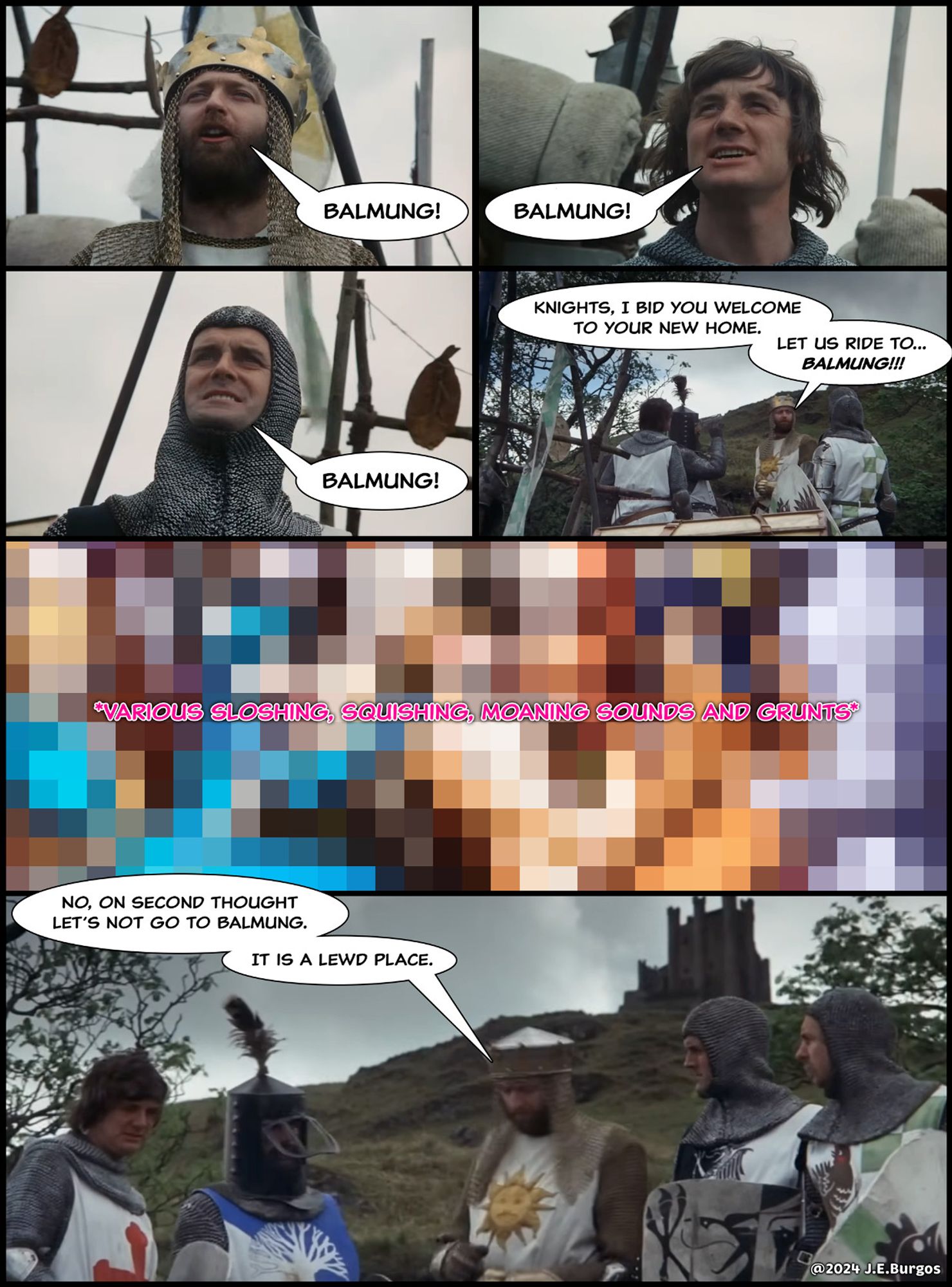 A comic parody using clips from *Monty Python and the Holy Grail* (1975) and discussing the Final Fantasy XIV server Balmung on the data center Crystal.

King Arthur: "Balmung!"
Sir Galahad: "Balmung!"
Lancelot: "Balmung!"
King Arthur: "Knights, I bid you welcome to your new home. Let us right to...Balmung!"

Cut to a pixelated image of a furry orgy with the text "various sloshing, squishing, moaning sounds and grunts" overlaying the image.

King Arthur: "No, on second thought let's not go to Balmung. It is a lewd place."