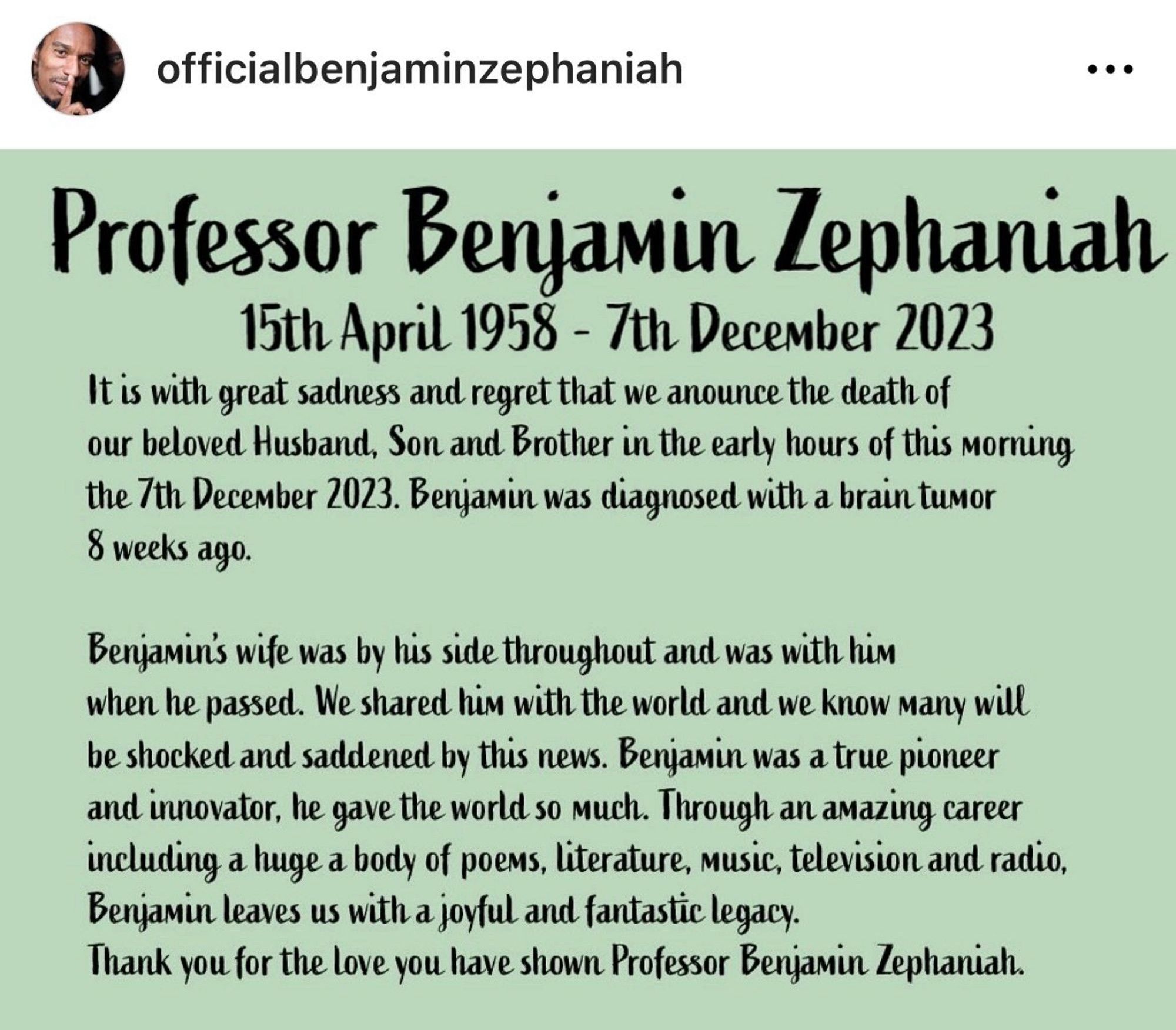 Professor Benjamin Zephaniah has passed away.

Alt text to come.