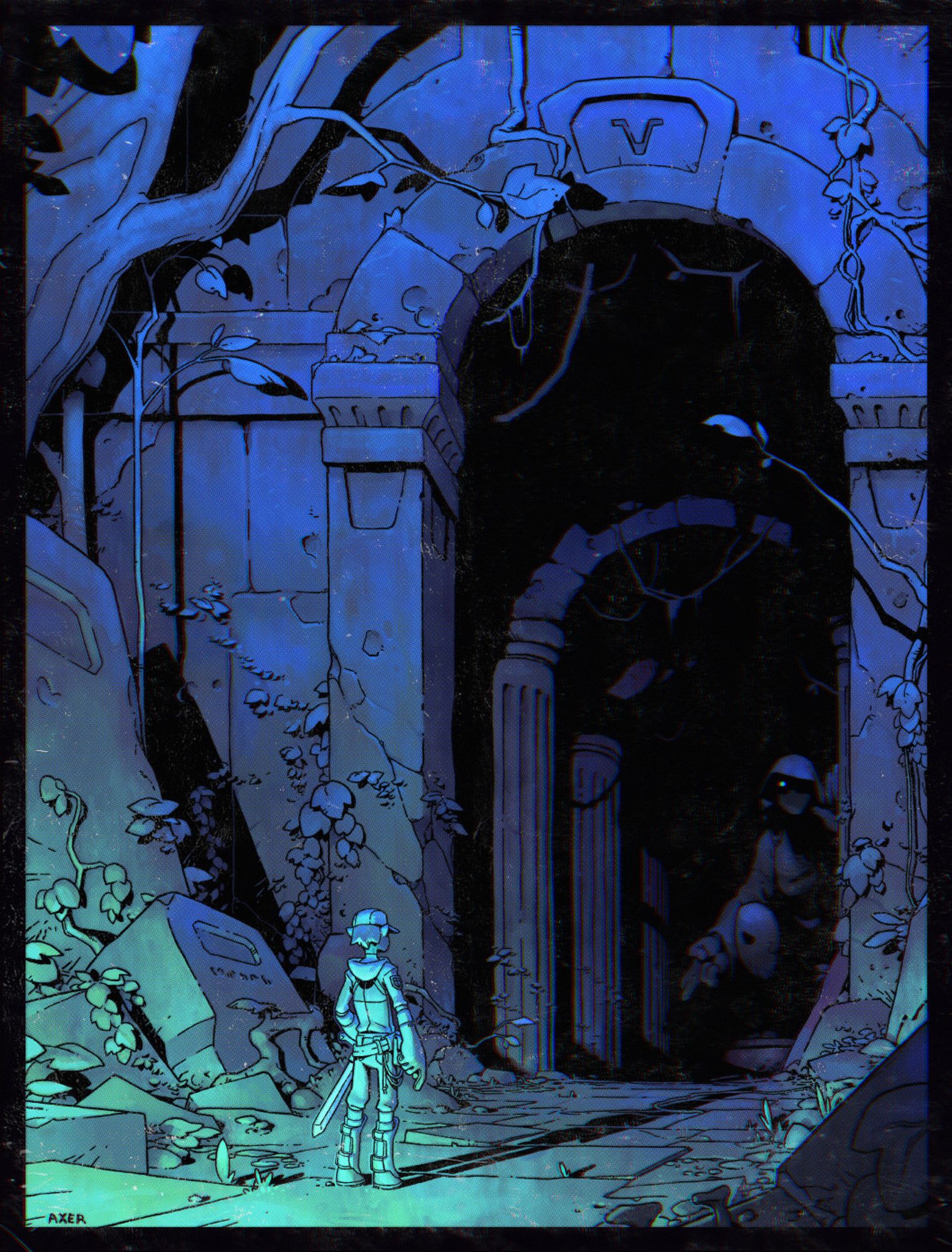 a character in modern adventurer gear with a sword hanging from their belt, a hat and oversized gloves stands amongst carved stones overgrown with ivy. Before them is a large, dark entrance to a stone structure. From within, in the shadows, is a large stature looming, a single glowing eye eerily visible from beneath its hood.
  The entire scene is bathed in blue ambient light from above and a shock of green light cast from behind the adventurer.