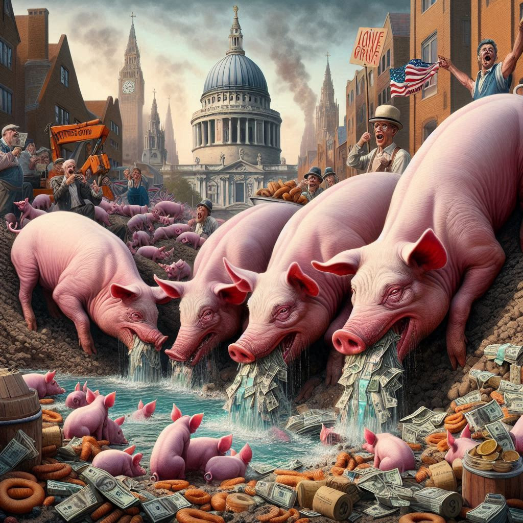 Poster: Image of London City, with a group of pigs in the foreground scoffing at a money trough