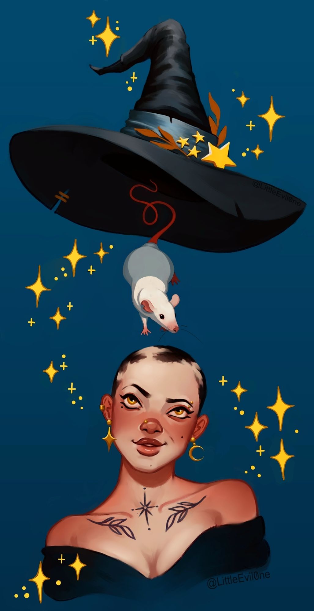 A witch in with tattoos, yellow eyes, and alopecia, smiles and looks up at a white rat and black witch hat floating up off her head via yellow magic stars on a blue background